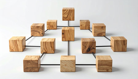 Conceptual image of a network of wooden cubes in a white backgroundの素材