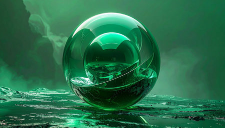 Crystal ball on a green background. 3D illustration. 3D rendering.の素材