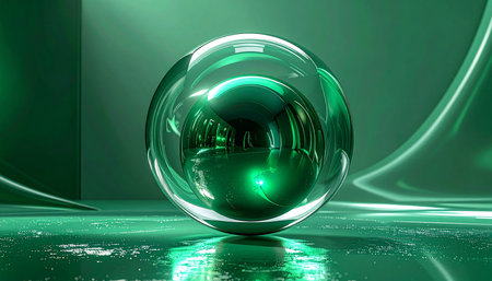 3d illustration of abstract background with glass sphere in green light.の素材