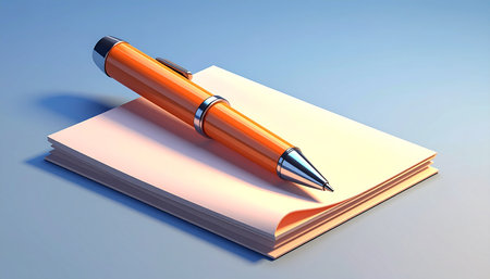 Pen and paper on a blue background. 3d render illustration.の素材