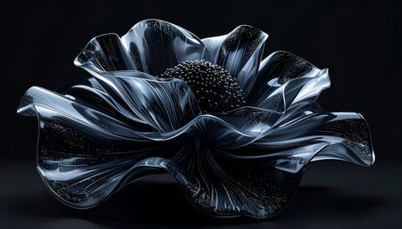 3d render, abstract black background with blue and white floral elementsの素材