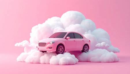 Pink car with cloud on pink background. 3d rendering and illustration.の素材