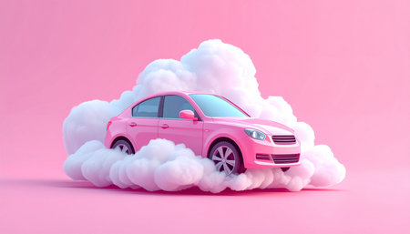 Pink car with cloud on pink background. 3D rendering illustration.の素材