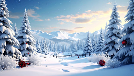 Winter landscape with snow covered fir trees and blue sky. 3d renderingの素材