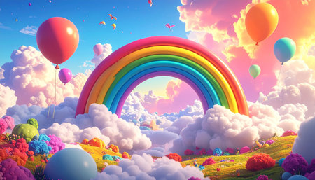 Colorful rainbow with balloons in the sky. 3D illustration.の素材