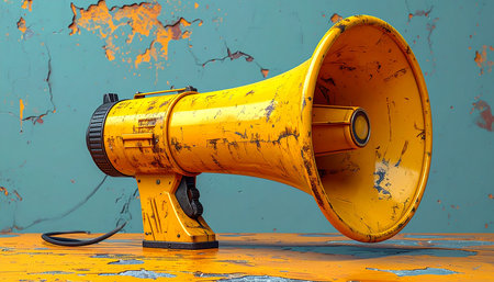 Yellow megaphone on grunge background. 3D illustration.の素材