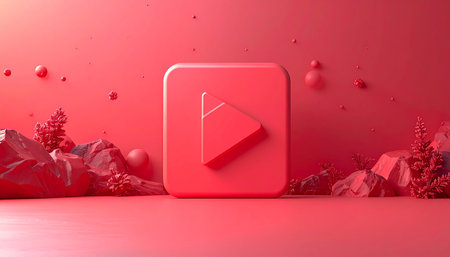 Play button on red background. 3d rendering. Computer digital drawing.の素材