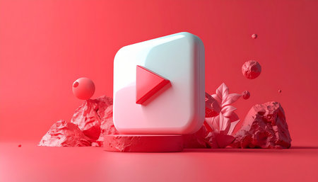 Red play button on red background. 3d render, 3d illustration.の素材