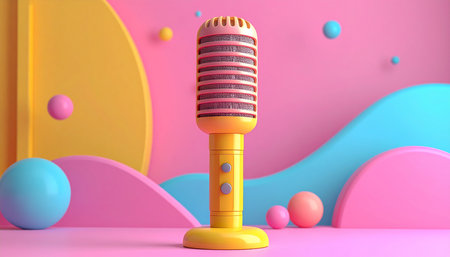 3d rendering of a retro microphone standing in front of a colorful backgroundの素材