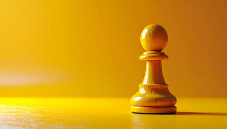 Wooden chess pawn on yellow background. Concept of leadership and successの素材