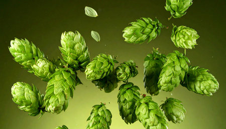 Green hop cones on a dark green background. Beer brewing concept.の素材