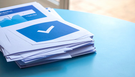 Close up of stack of business papers with tick mark on table in officeの素材