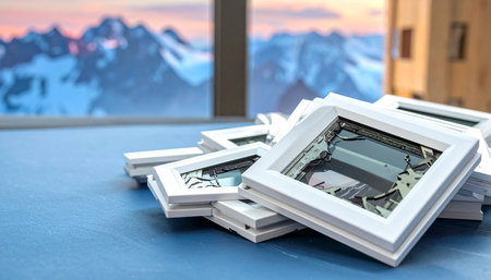 Picture frames on a blue table with a view of the mountains.の素材