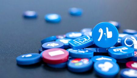 Poker chips and dice on the table. Blue casino chips.の素材