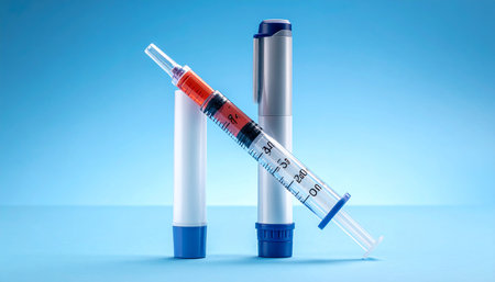 Two syringes with a red and white liquid on a blue backgroundの素材