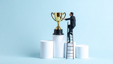 Miniature people : Businessman climbing ladder and trophy with blue backgroundの素材