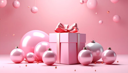 Pink christmas background with gift box and pink balls 3D renderingの素材
