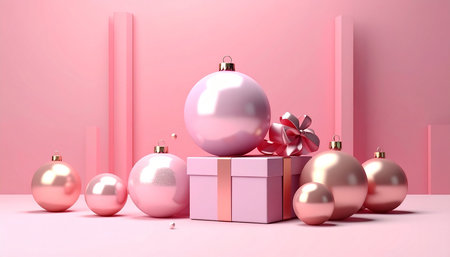 3d render of pink christmas background with gift box and ballsの素材