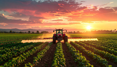 Tractor spraying pesticides on field with sprayer at sunset  - agriculture conceptの素材