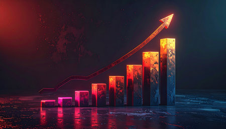 3d render of rising graph with arrow on dark background. Growth conceptの素材