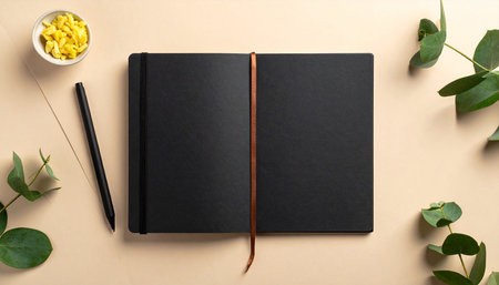 Blank notebook, pen and eucalyptus branches on color backgroundの素材