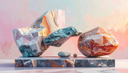 3d render, abstract geometric backgroundle podium with colorful stonesの素材
