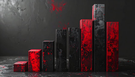 Black and red bar graph on black background. 3d illustration.の素材