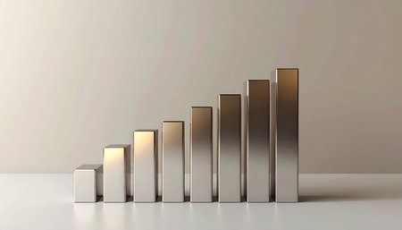3d rendering of a golden bar graph in a white studio roomの素材
