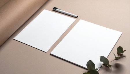 Design concept - top view of white stationery set on brown background for mockupの素材