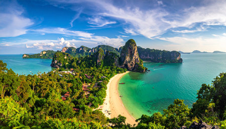Panoramic aerial view of Maya Bay beach in Krabi, Thailand in a summer dayの素材