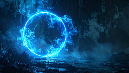 Blue neon circle with smoke on a dark background. 3d renderingの素材