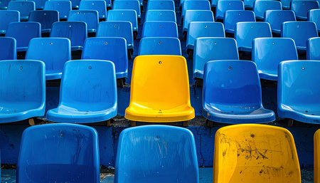 Blue and yellow plastic seats in a sports stadium, ready for the gameの素材