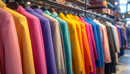 Colorful clothes on hangers in a clothing store. Fashion and shopping conceptの素材