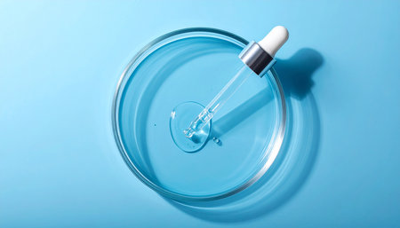 Pipette with pipette on petri dish on blue backgroundの素材