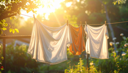 Clothes drying on the clothesline in the garden at sunset.の素材