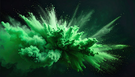 Green explosion with smoke isolated on black background. 3d illustration.の素材