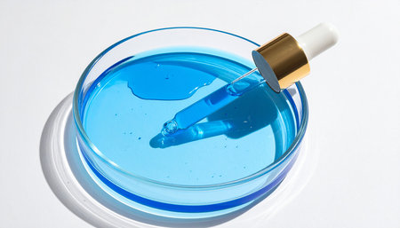 Pipette with blue liquid in petri dish on white backgroundの素材
