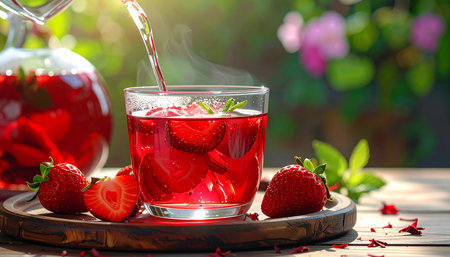 Strawberry lemonade in a glass on a wooden table.の素材