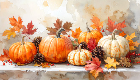Pumpkin and autumn leaves on a white background. Watercolor paintingの素材