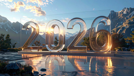 2026 new year sign on the background of mountains. 3d renderingの素材