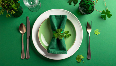 Festive table setting with clover leaves on green background, top viewの素材