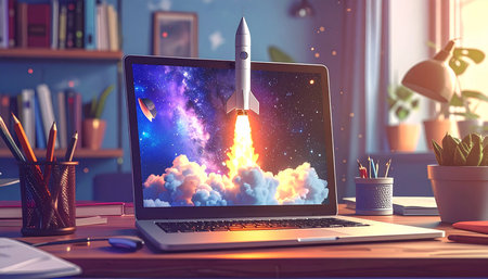 Desktop with modern laptop and start up rocket drawing on screen. 3D rendering.の素材