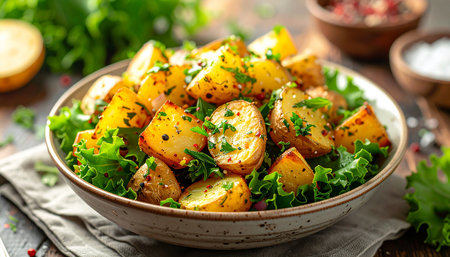 Baked potatoes with herbs and spices in a bowl on the tableの素材