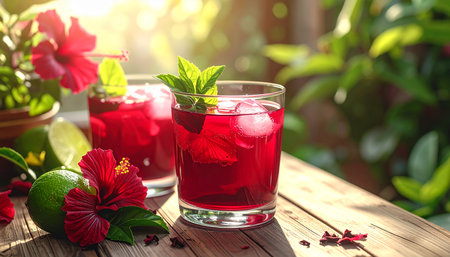 Hibiscus juice with lime and red hibiscus flowersの素材