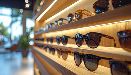 Sunglasses on a shelf in a shop, close-upの素材