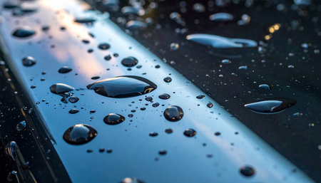 Water droplets on a black car. Shallow depth of field.の素材