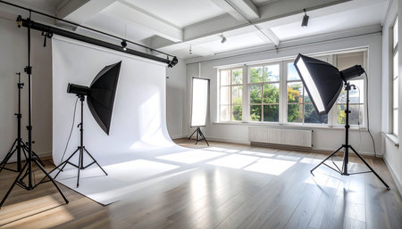 Interior of modern photo studio with white walls, wooden floor and lighting equipmentの素材