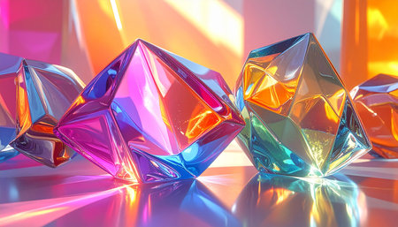 3d rendering of multicolored crystals on a reflective surface.の素材