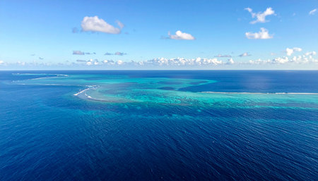 Aerial view of a coral reef with a small island in the distanceの素材