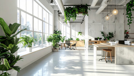 Interior of a modern office with white walls, concrete floor and green plantsの素材